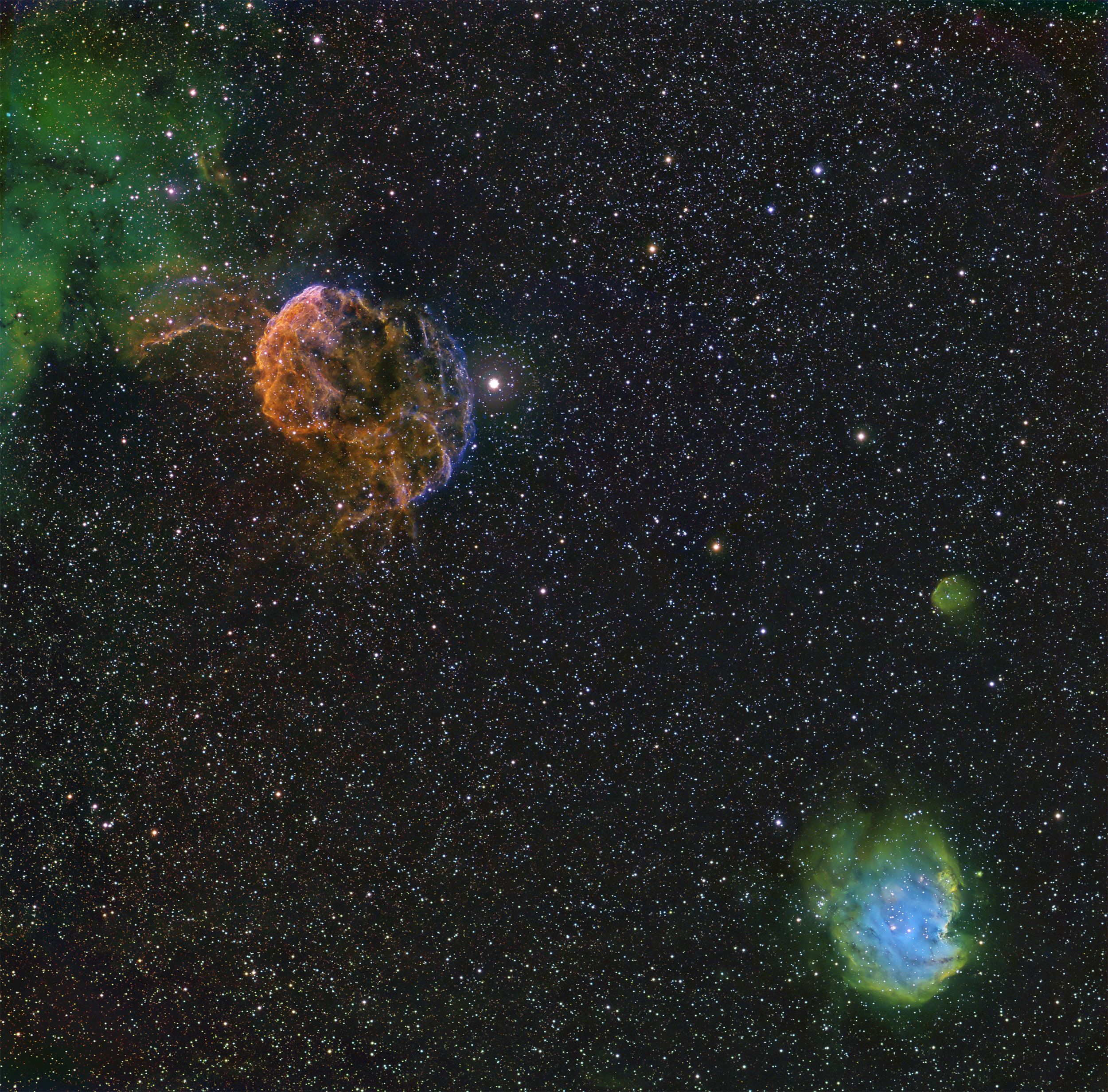 IC443, Jellyfish SNR Tricolor Narrowband